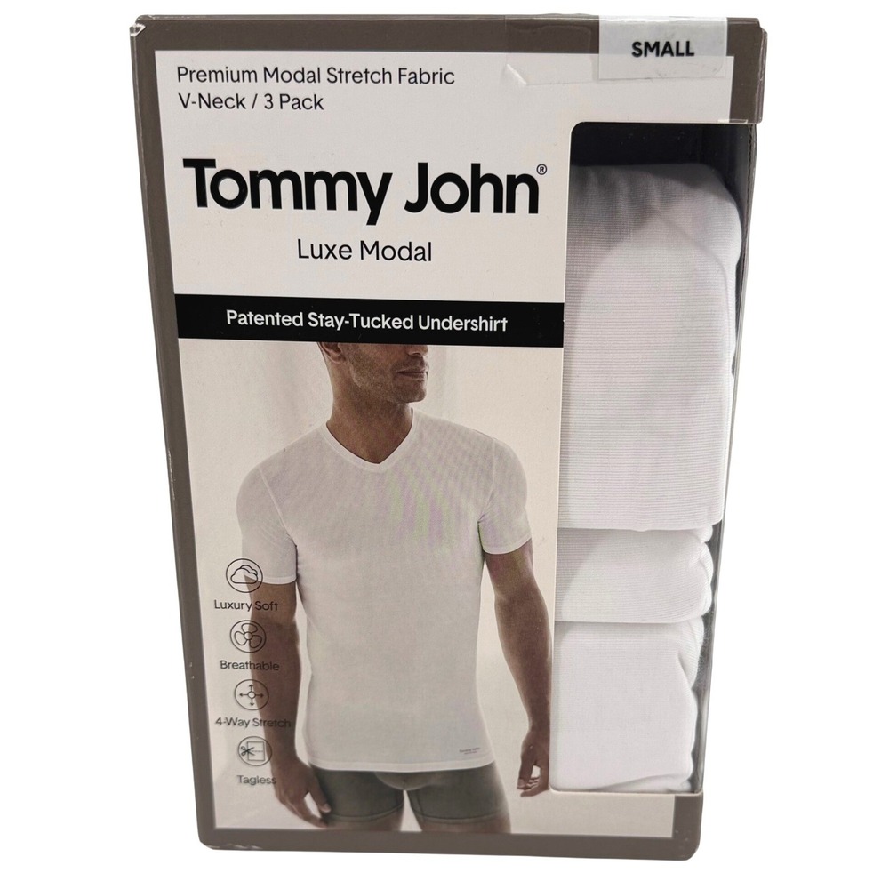 Tommy John Luxe Modal V-Neck 3 Pack Stay-Tucked Undershirt White Mens Small